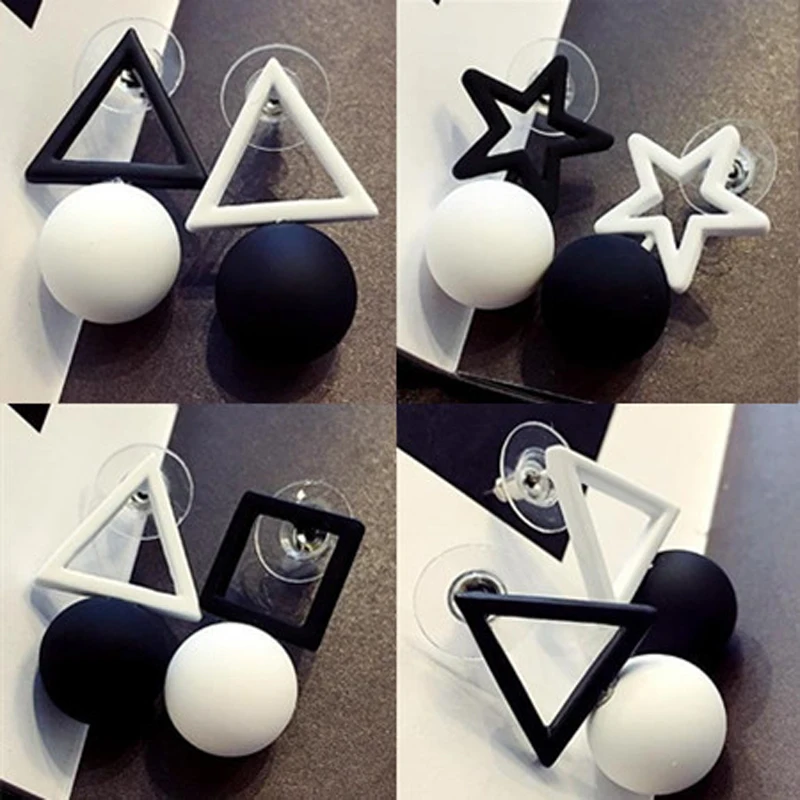 

2019 New Women's Fashion Black White Mixed Colors Hollow Square Pentagram Triangle Simple Ball Drop Earrings For Women Jewelry