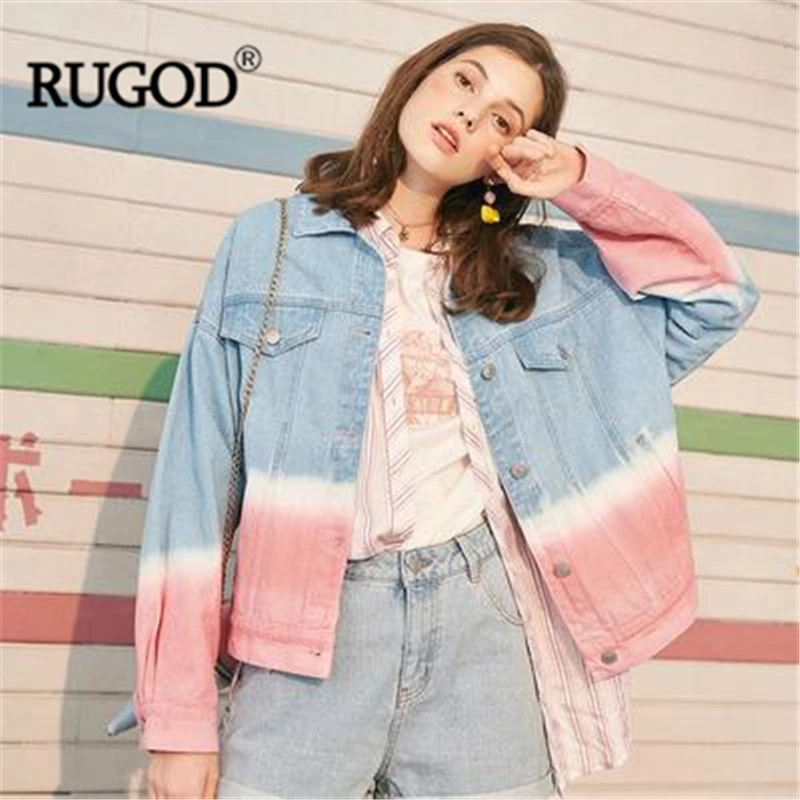 RUGOD женская джинсовая куртка градиентный синий и розовый плюс размер Топ 2019 Новое поступление Специальные модные женские крутые