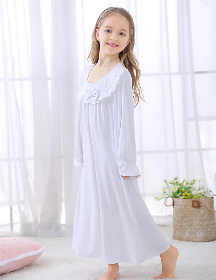 Летняя Новинка; хлопковая ночная рубашка для маленьких девочек; мягкая кружевная ночная рубашка принцессы; белая свободная детская пижама с круглым вырезом; детская одежда для сна; Y320