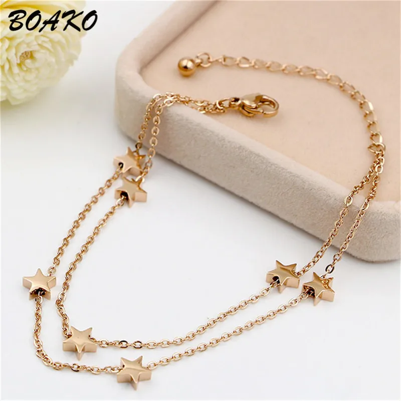 

BOAKO 7 Stars Tassel Anklet Titanium Steel Rose Gold Ankle Bracelet Boho Style Women Girls Barefoot Crochet Sandals Foot Jewelry