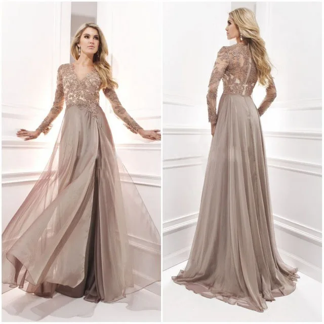 

Custom Made Vestidos De Noche Brown Chiffon Appliques Formal Party Dress Long Sleeve Lace Evening Dresses Vestido Longo