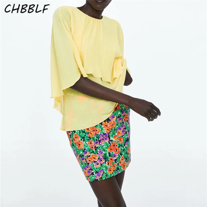 

CHBBLF women elegant solid pleated blouse short sleeve O neck cape design female stylish casual wear chic tops blusas HJH2048