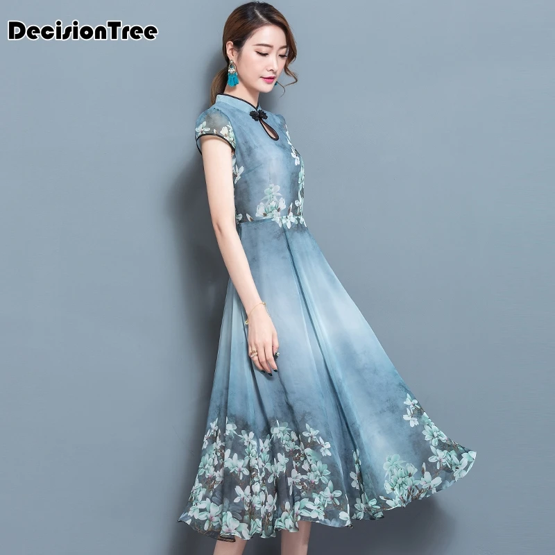 Темно-синее традиционное китайское платье женское атласное Ципао сексуальное винтажное Чонсам с цветами