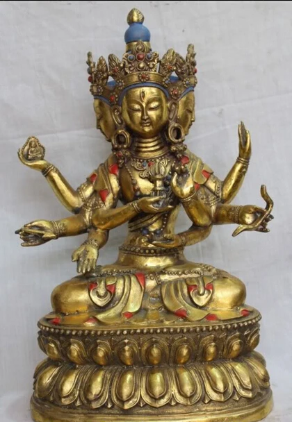 

15" Tibetan Bronze Gilt 3 Head 8 Arms Namgyalma Ushnishavijaya Buddha Statue G R0710