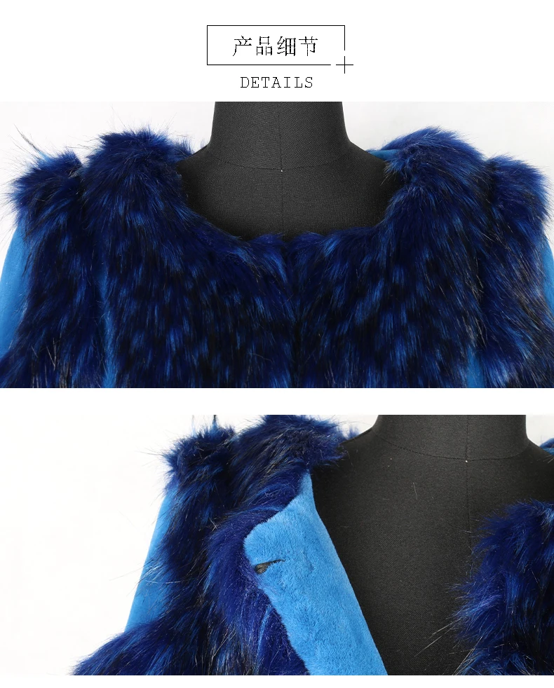 Nerazzurri Winter fox fur and rex rabbit fur color block patchwork fake fur jacket blue short warm big size faux fur coat women