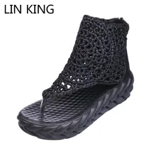 LIN KING/Винтажные женские сандалии-гладиаторы; Модная трикотажная обувь на высокой платформе; нескользящая Летняя обувь на танкетке; Sandalias Femeninas