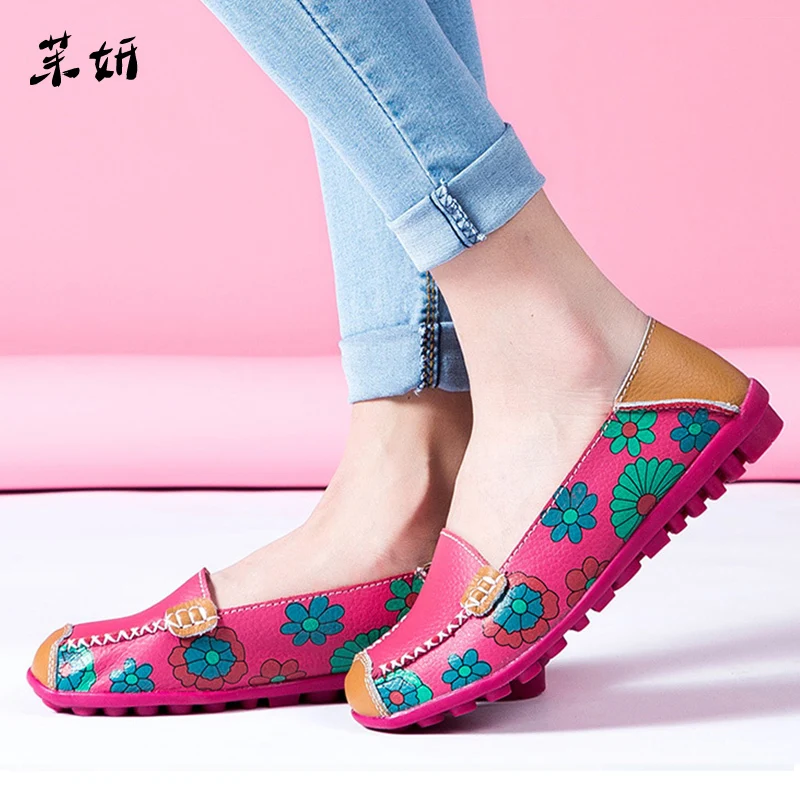 

2018 Autumn Women Flats Genuine Leather Shoes Slip On Ballet Flats Women Flats Print Woman Shoes Moccasins Loafers Shoes