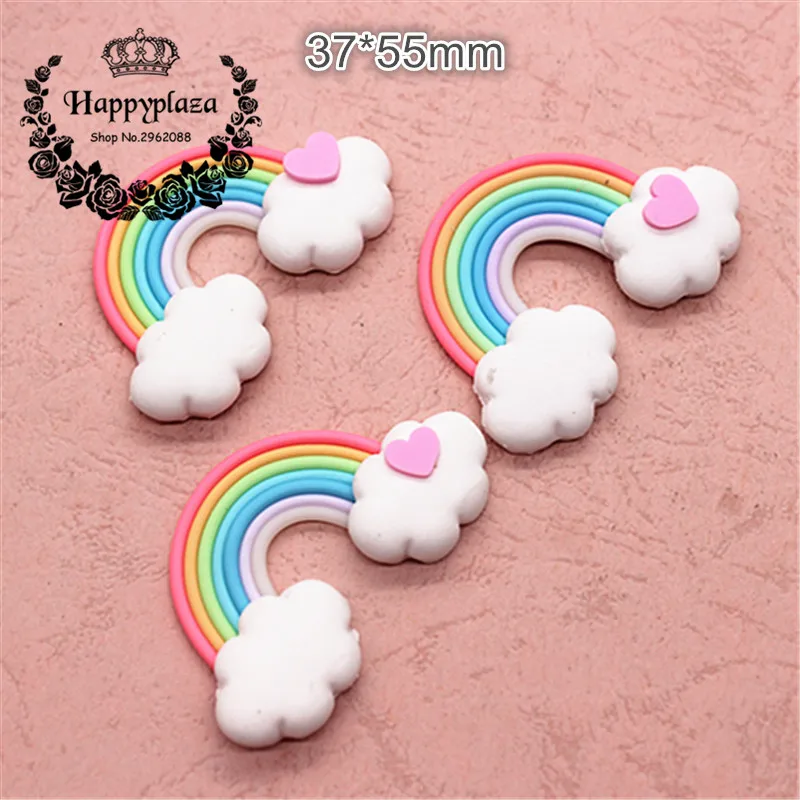 

10pcs Flat Back Clay Cabochon Kawaii Miniature Rainbow with Heart DIY Flatback Scrapbooking Embellishment Crafts,37*55mm
