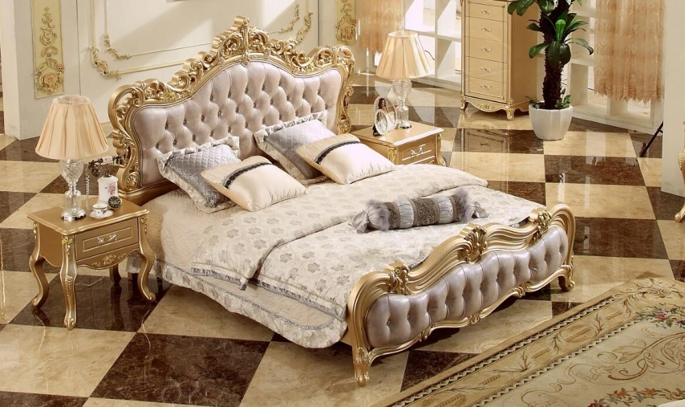 Klasik Royal Mewah Champagne Emas Tidur King Size Bed Kulit Cantik Ukiran Kayu Solid Eropa Master Bedroom Bed A18|Ranjang| - AliExpress
