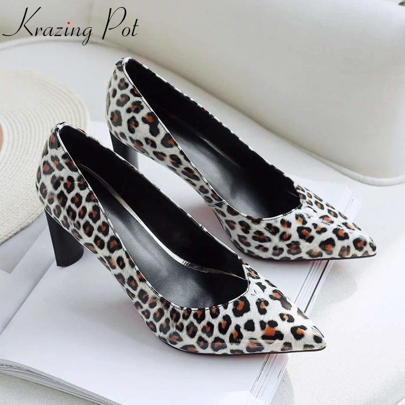 

Krazing pot new genuine leather pointed toe leopard decoration high heels movie star graceful elegant streetwear sexy pumps L9f1