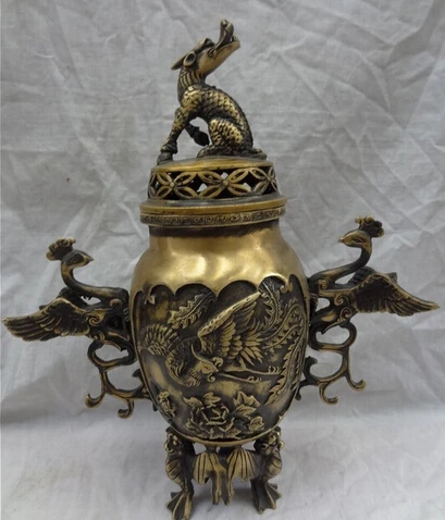 

0 12" Tibet Bronze Buddhism Kylin Peacock Phoenix Statue Incense Burner Censer