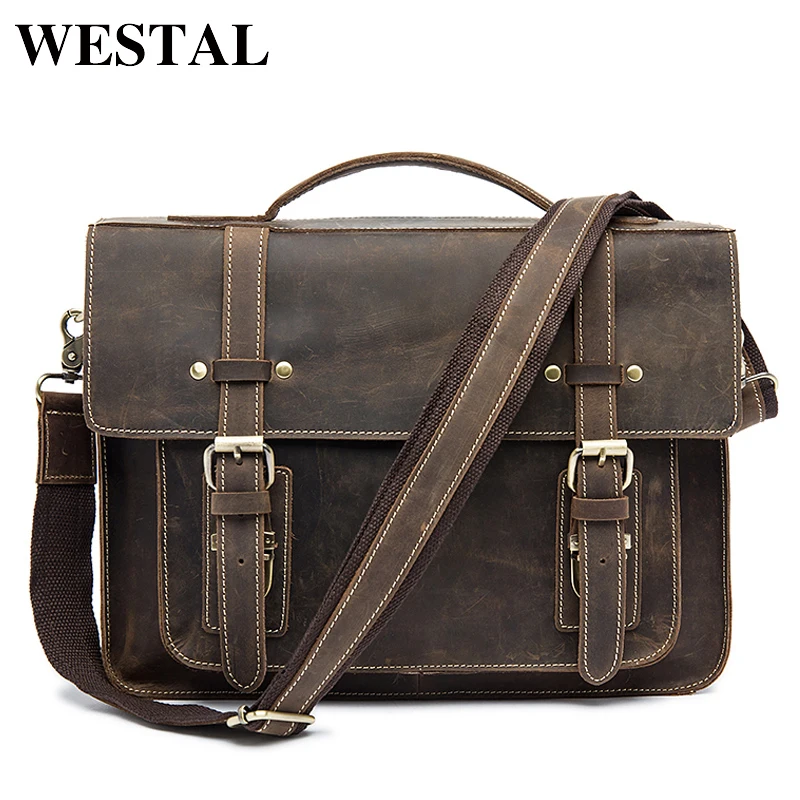 

WESTAL Messenger Bag Men Shoulder Bags Crazy Horse Leather Laptop Bag Male Vintage Genuine Leather Crossbody Bags for men Totes