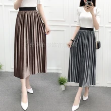 Весенне-летняя новая стильная винтажная Золотая Бархатная плиссированная юбка дикая юбка средней длины с эластичной высокой талией