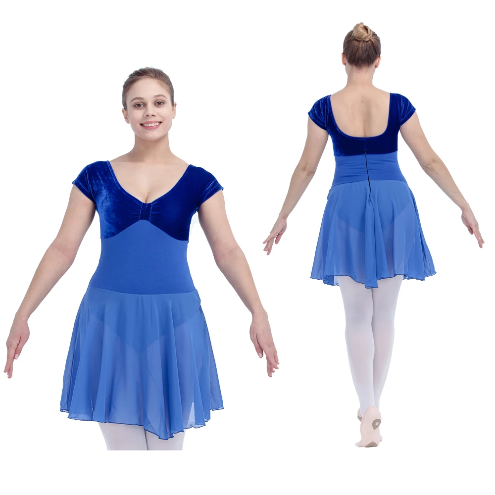 Wholesale Black,Light Pink Velvet Cap Sleeve Ballet Dance Leotard with Chiffon Skirt for Ladies