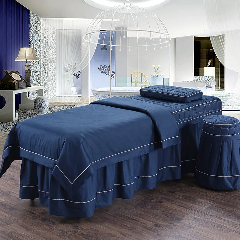 Dark blue 100 cotton Beauty salon massage physiotherapy bed bedding 4 sets bedspread quilt