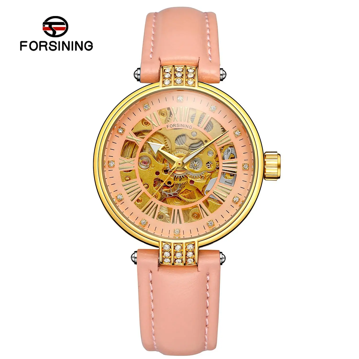 Мода г. Forsining Лидирующий бренд Lady Diamond автоматический для женщин часы Montre Femme Золотой Скелет Relogio Feminino бренд часы со звёздами - Цвет: Розовый