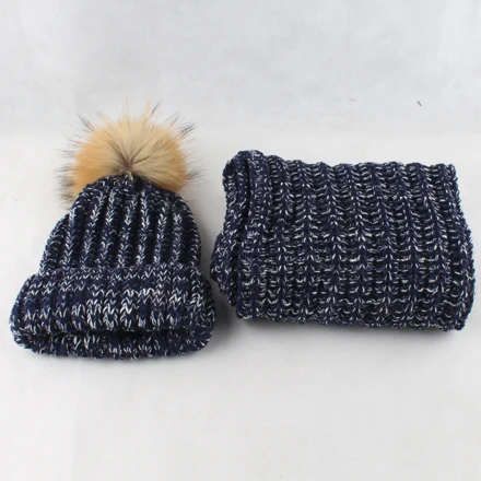 Женская зимняя шапка с шарфом из натурального енота, шапка с меховым помпоном для дам, зимняя шапка для женщин, вязаная шапка и шарф - Цвет: Тёмно-синий