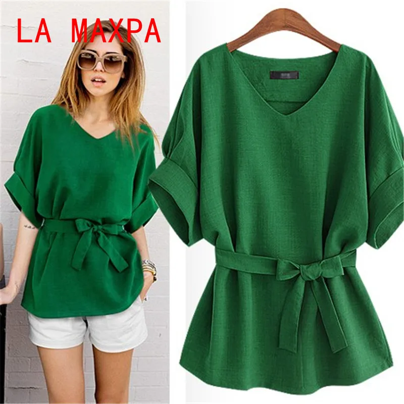 Meilleur Femmes D été Nouvelle Manches Chauve Souris V cou Solide Arc Chemise en Lin D été Occasionnel Lâche Tops Blouses Chemises Plus La Taille Tops Chemises