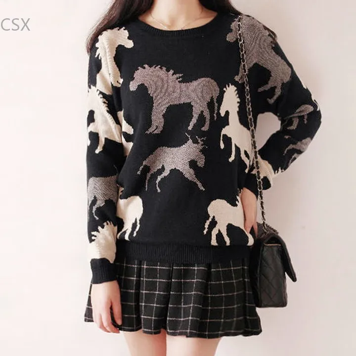 

MwOiiOwM Women Round Neck Horse Printed Loose Knit Sweater Pullover 35