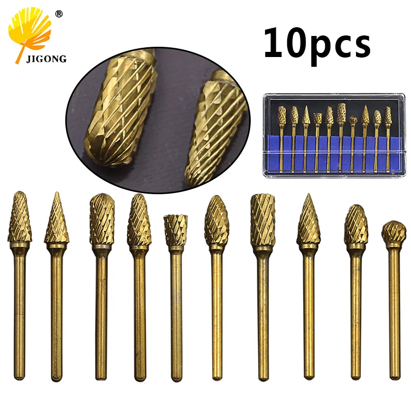 

1/8" Titanium plating Shank Tungsten Carbide Milling Cutter Set Rotary Tool Burr Double Diamond Cut Electric Grinding Tools