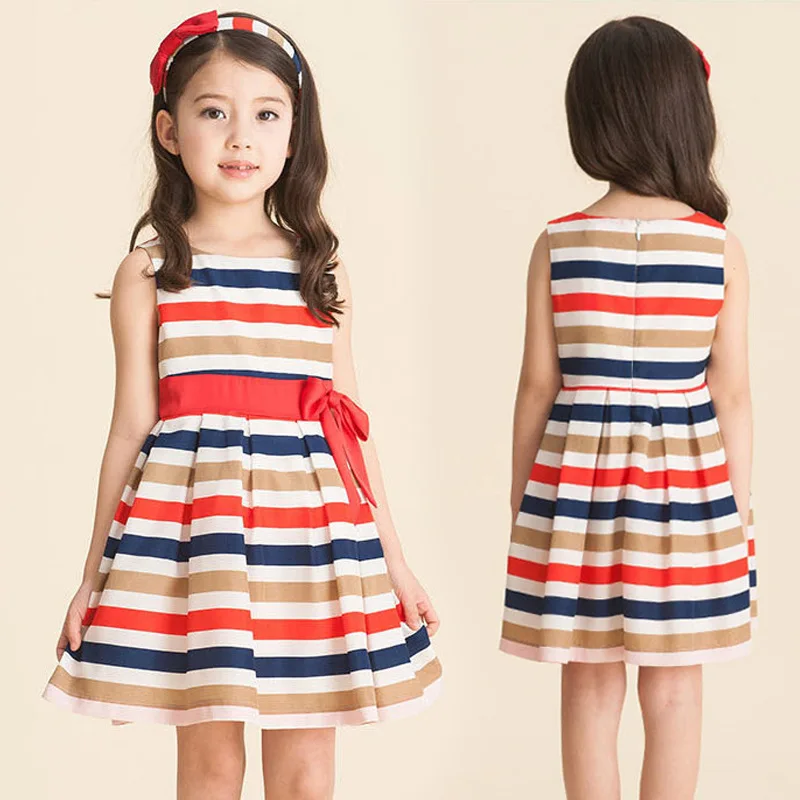 

2016 Retail Baby Clothes 2-12y Summer New Children Dress Rainbow Striped Character Girls Dress Sleeveless Kids Dresses For Girls