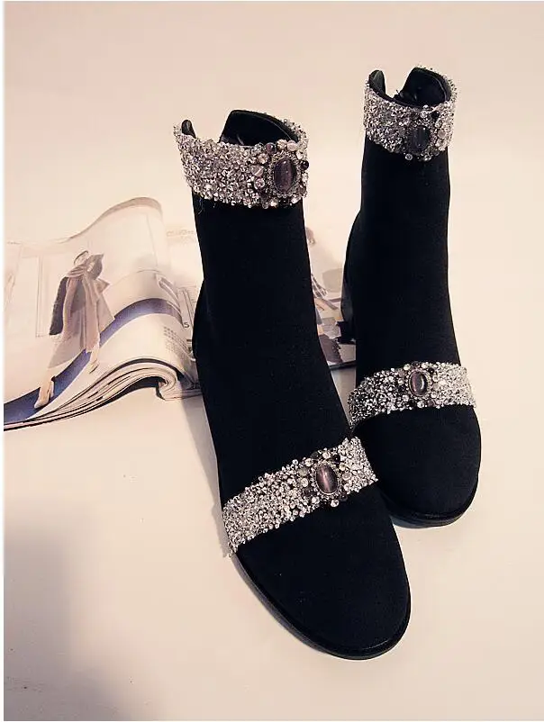 Ботинки Размеры 19; сезон осень-зима; оригинальные новые черные суперклассные женские ботинки ручной работы с блестками и драгоценными камнями