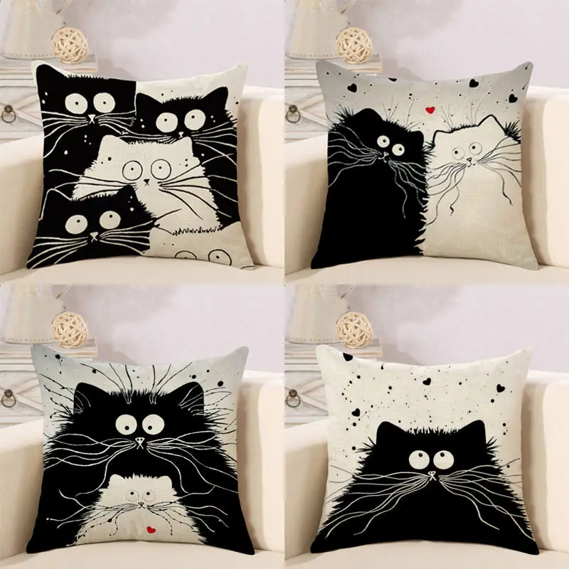 

Cotton Linen Throw Pillow Case Cartoon Cat Pattern Square Cushion Cover 45X45