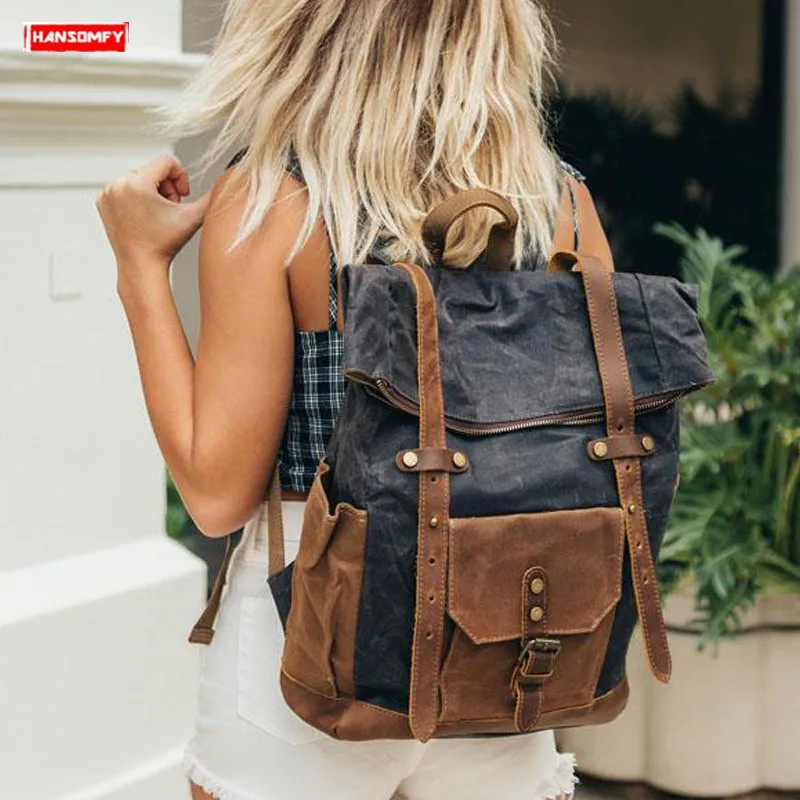 

Waterproof women backpack computer canvas with crazy horse leather female large capacity backpacks
