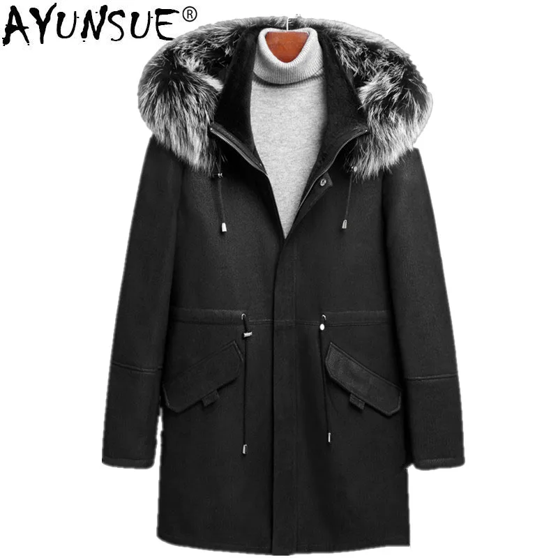 

AYUNSUE Genuine Sheepskin Leather Jacket Winter Jacket Men 100%Wool Liner Coat Autumn Fox Fur Collar Long Coat LSY088329 MY1129