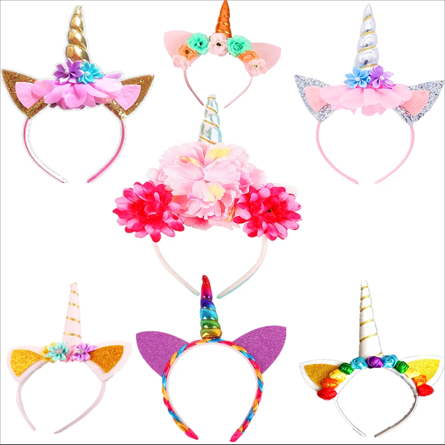 

16 Colors Pony Unicorn Headband Girls 2017 Chiffon Flowers Hairband For Kids Rainbow Unicorn Horn Party Hair Accessories pt130