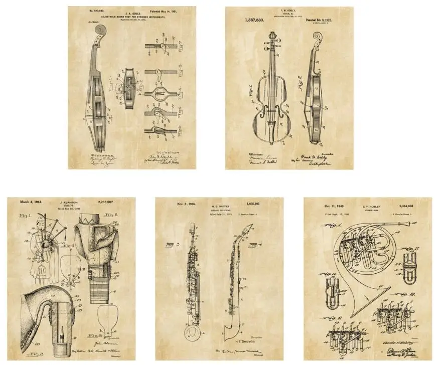 Винтажный лакированный художественный инструмент G2 Виолончель скрипка Волынка саксофон французский Рог патент арт принты/плакат ретро искусство 5 в 1