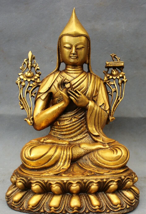 

song voge gem S3873 10" Tibet Tibetan Folk Bronze Gilt Buddhism Protect Tsongkhapa Buddha Statue