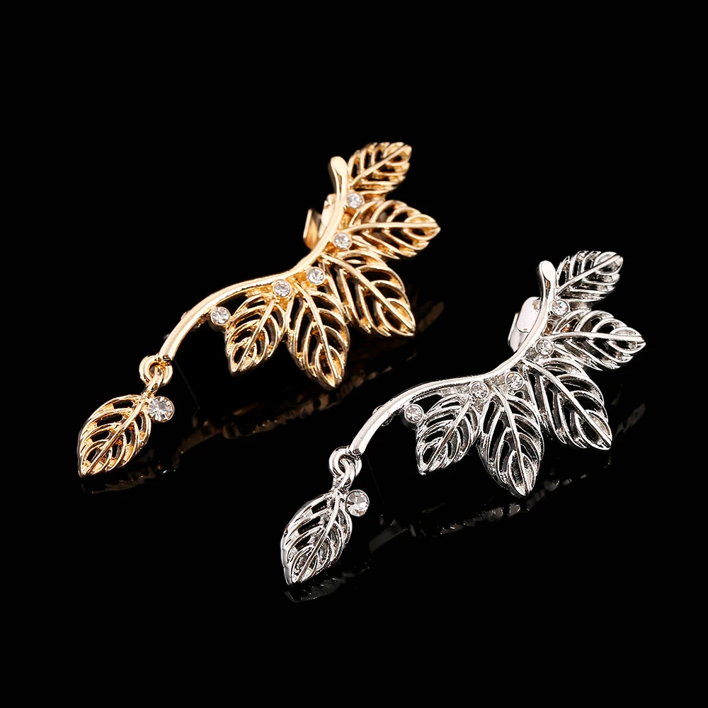 

ZLDYOU Hot Zinc Alloy Hollow Leaves Earcuff Stud Jewelry Ear Cuff Crystal Bijoux Girl Zircon Gold Silver Plated Clip Earrings