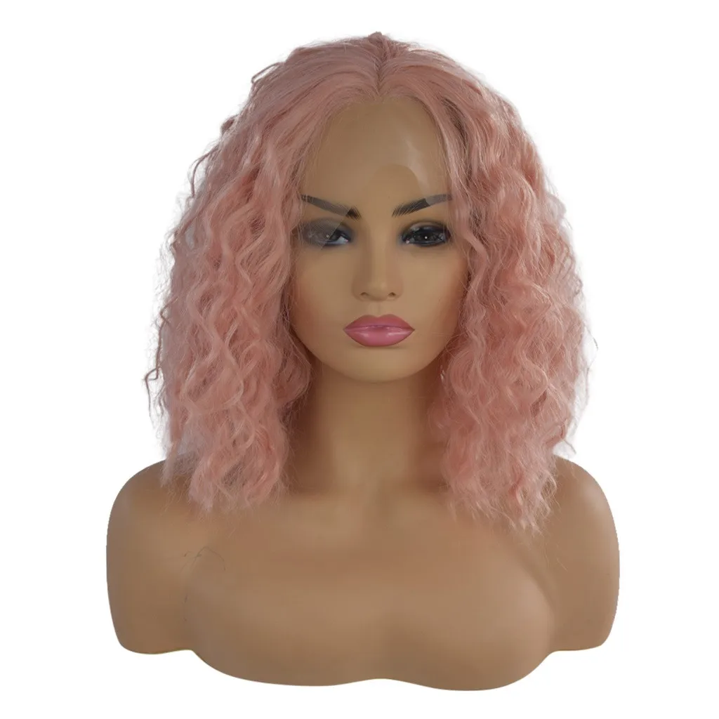 

Factory price 1pc Women Fashion Lady False Wig Pink Curly Glueless Lace Front High Temperature Wire Wig Styling Tools Apr29