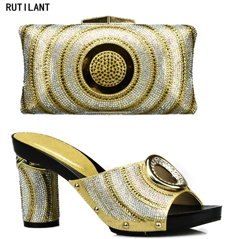 Strass Gouden Schoen en Tas Set Italiaanse Schoenen en Tassen Schoenen met Tas Set Versierd met Strass Party schoen Tas Set Strass Gouden Schoen en Tas Set Italiaanse Schoenen en Tassen Schoenen met Tas Set Versierd met Strass Party schoen Tas Set