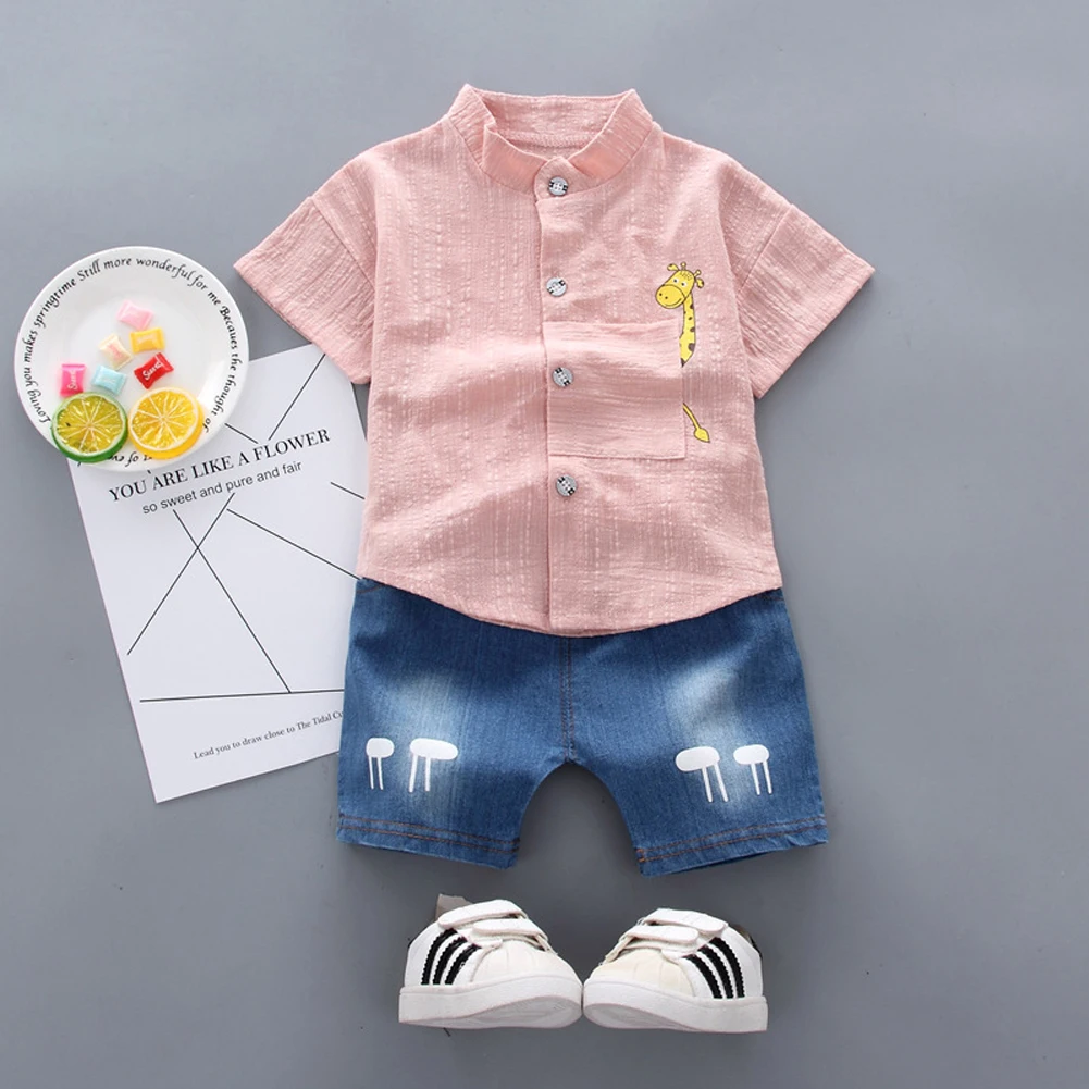 Pudcoco/Летняя одежда для маленьких мальчиков; однотонные топы с милым жирафом; джинсовые короткие штаны; 2 предмета; Oitfits; хлопковая повседневная одежда
