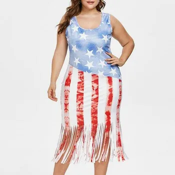 

Fashion New Summer Large Size Round Neck Sleeveless American Flag Stitching Vest Fringed Dress Women Summer Dress 2019 Casual
