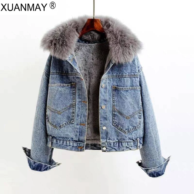 

2019 Spring Fur collar plus Velvet lined Denim Jacket wild Spring women's short Motorcycle clothing style Denim Jacket Female