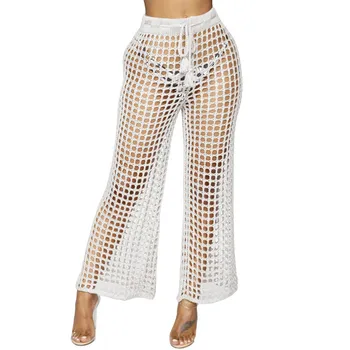 

Sexy Hollow Wide Leg Pants Lady Openwork Beach Trousers Waist Lace Knit Holiday Sweat Pants Lace Up Pant