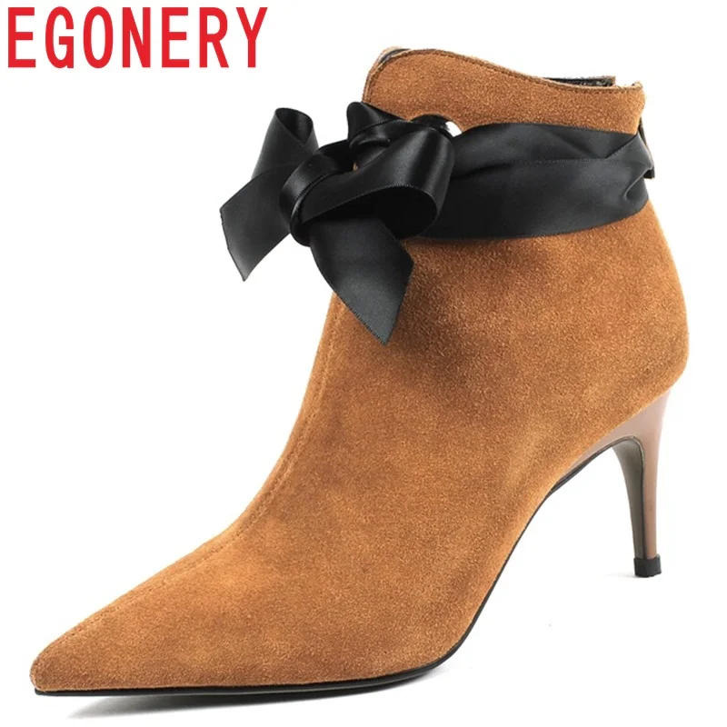 

EGONERY 2018 newest fashion elegant party women ankle boots kid suede pointed toe high thin heels zipper riband ladies shoes