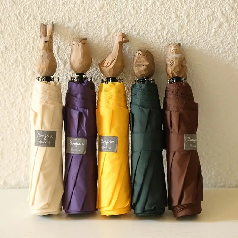 Hand carved wooden handle folding umbrella sun or rain umbrella