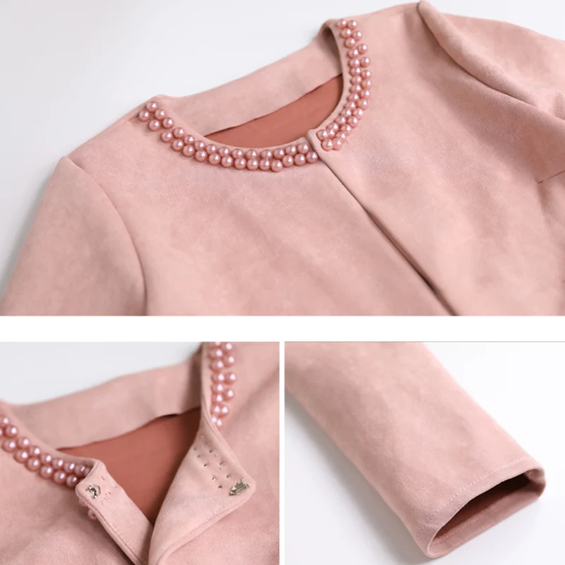 incredible Spring Jacket Women Plus Size 4XL Basic Coat Deer Leather Rivet O-Neck Short Slim Pearls Jackets Op