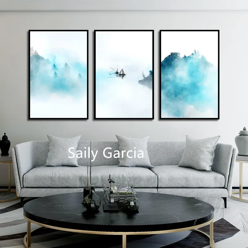 

Colorful Chinese Landscape Boat Freehand Wall Art Canvas Painting Home Posters and Prints Picture Decoration for Living Room