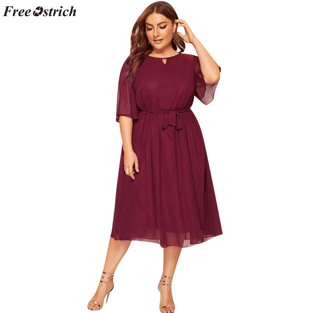 

FREE OSTRICH Large size dress women's chiffon casual large size O-neck half-sleeve knee dress solid color comfortable dress