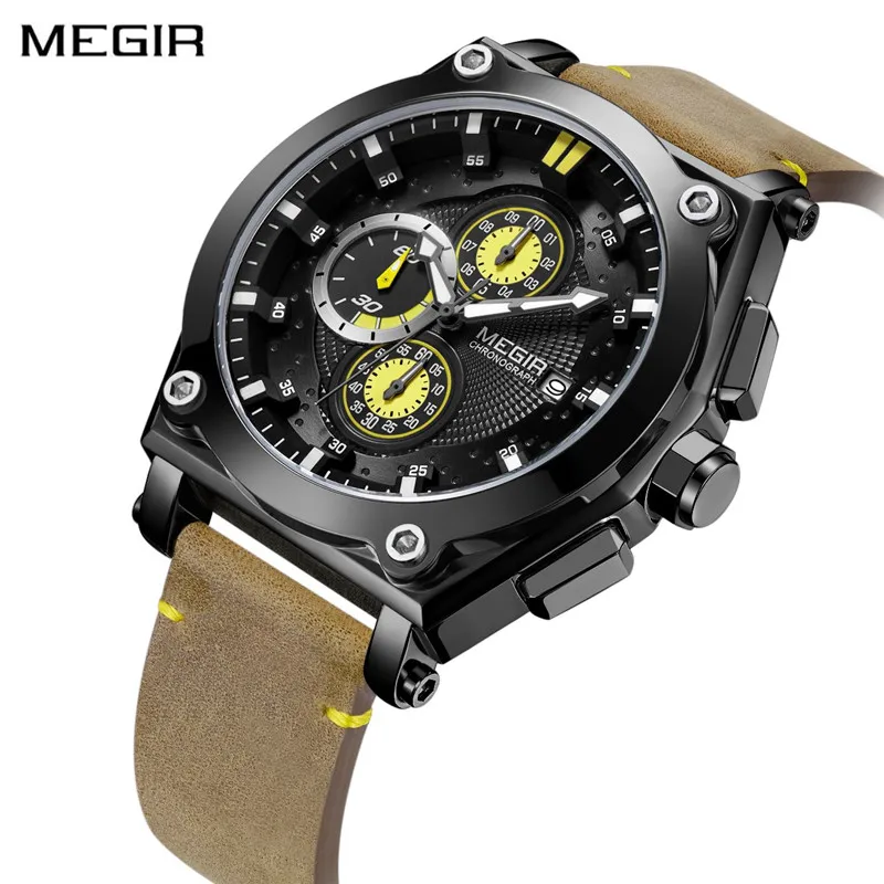 

MEGIR Men Watch Top Brand Chronograph Military Sport Watch Men Waterproof Leather Band Clock Fashion Men's Wrist Watches Reloj