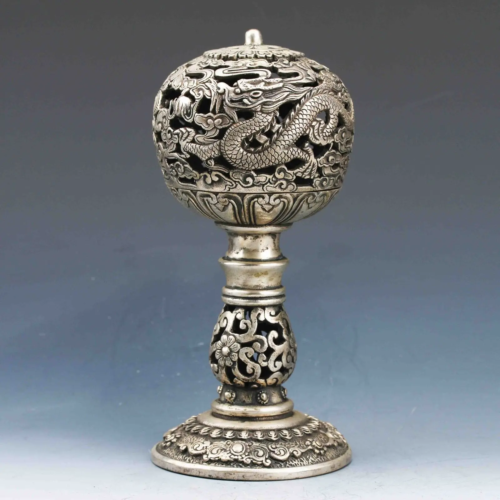 Tibetan Tibet Silver Hand Carved fengshui lucky Dragon Incense Burner