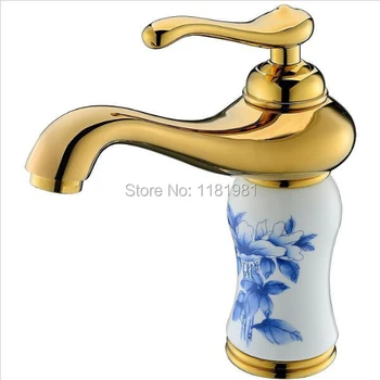 

Gold plated luxury single hole white ceramic blue flower bathroom basin faucets 1008