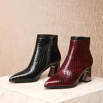 

GPOKHDS 2019 women ankle boots Cow leather winter short plush zippers wine red color pointed toe high heels female boots size 42