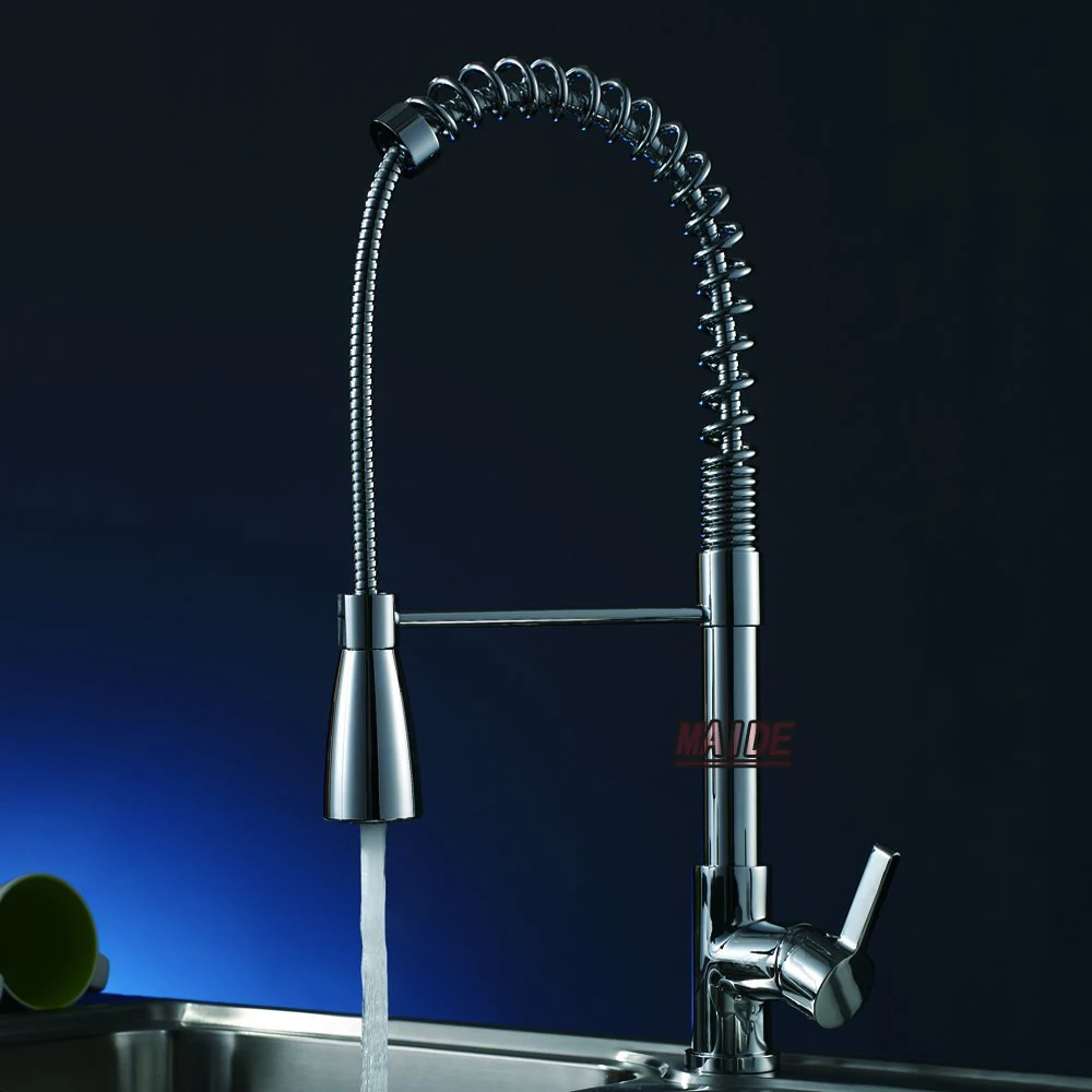 Quality solid brass construction Single Handle High Arc Spring Pull Down Kitchen Faucet with Swivel Spout