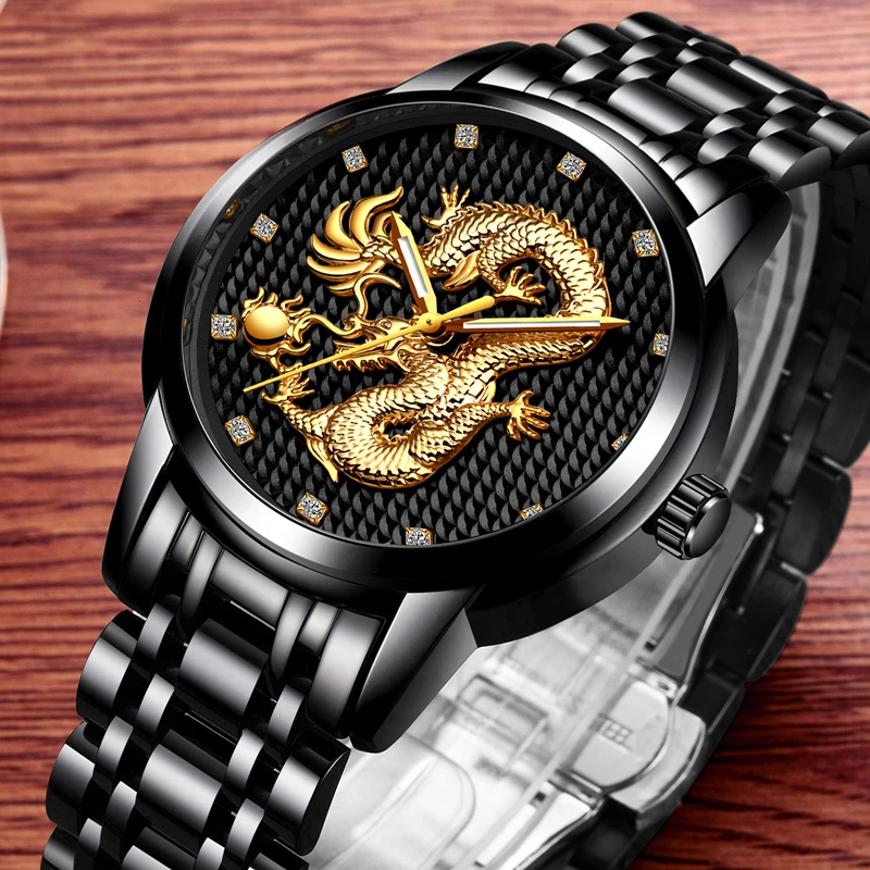 2018 Men Watches Top Brand LIGE Luxury Gold Dragon Sculpture Quartz Watch Men Full Steel Waterproof Wristwatch relogio masculino